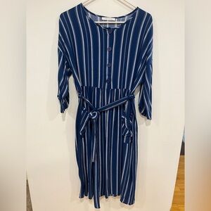 Blue and white Striped Midi Dress with tie Belt and patch pockets
